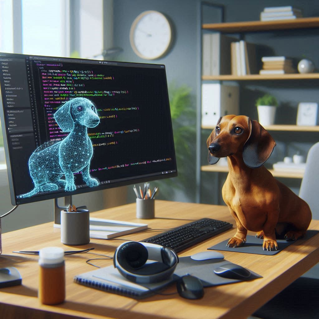 AI models being created on a monitor in an office with a dachshund at the desk, with Visual Studio Code displayed on the screen, no humans present - Microsoft Copilot AI-generated image